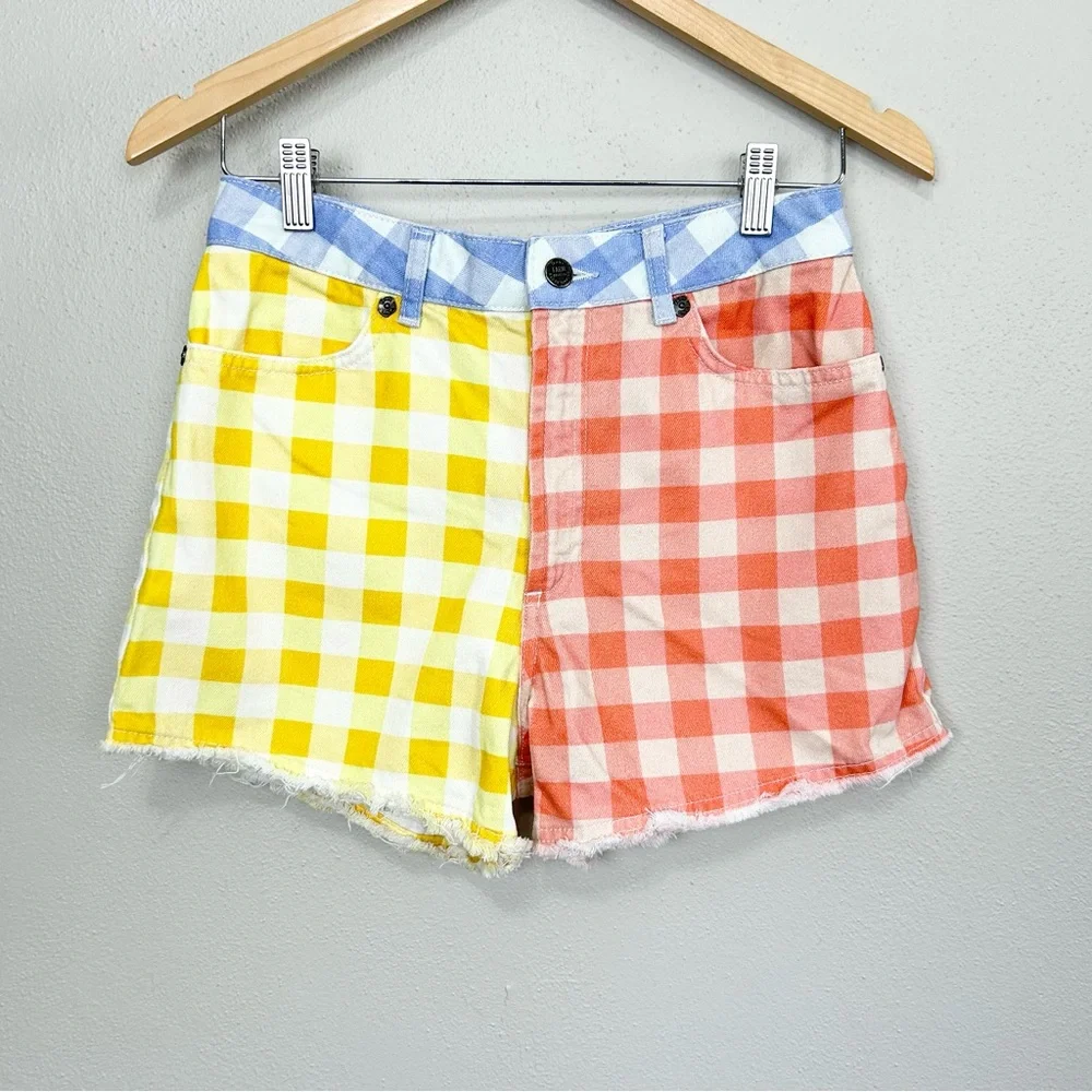 Farm Rio Gingham High Rise Shorts Size Small Red Blue Yellow Denim Cut Off - Picture 3 of 12